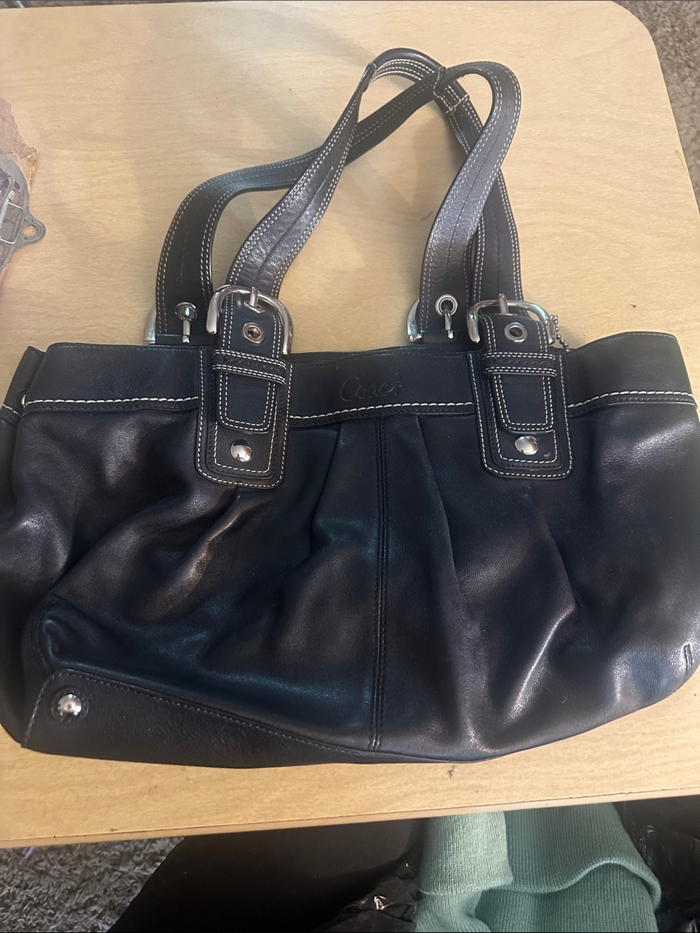 Coach Black Leather Shoulder Bag with Contrast Stitching
